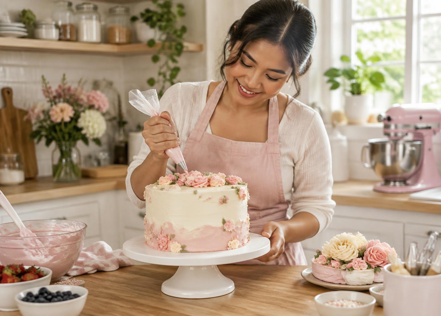 The baker behind DinDiz Cakes decorating a cake